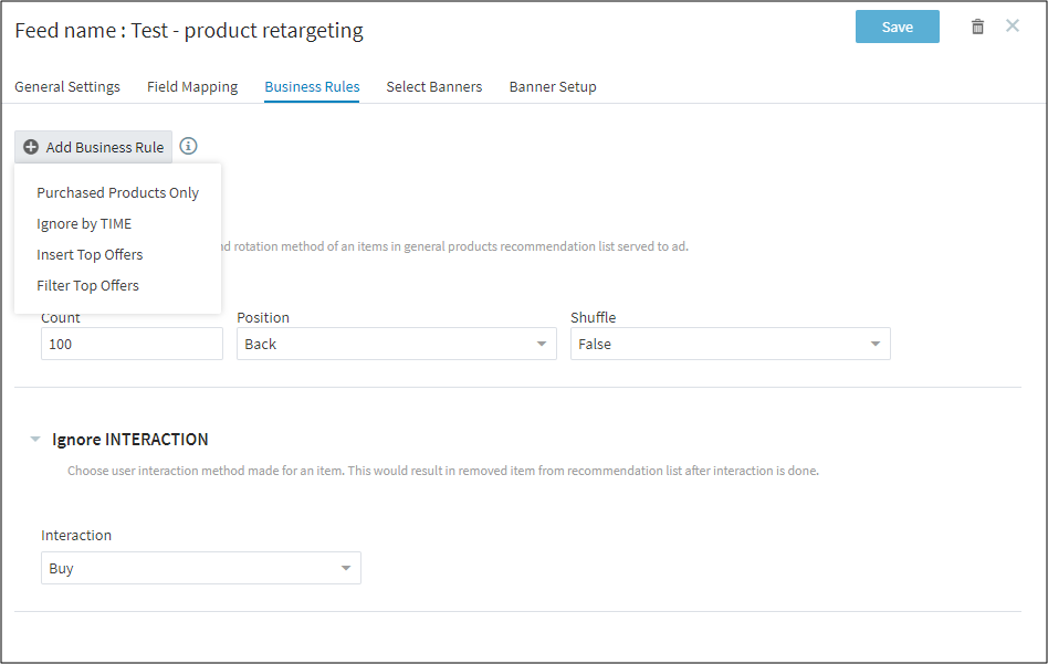 Performics - Produktový retargeting - Nastaveni Business Rules