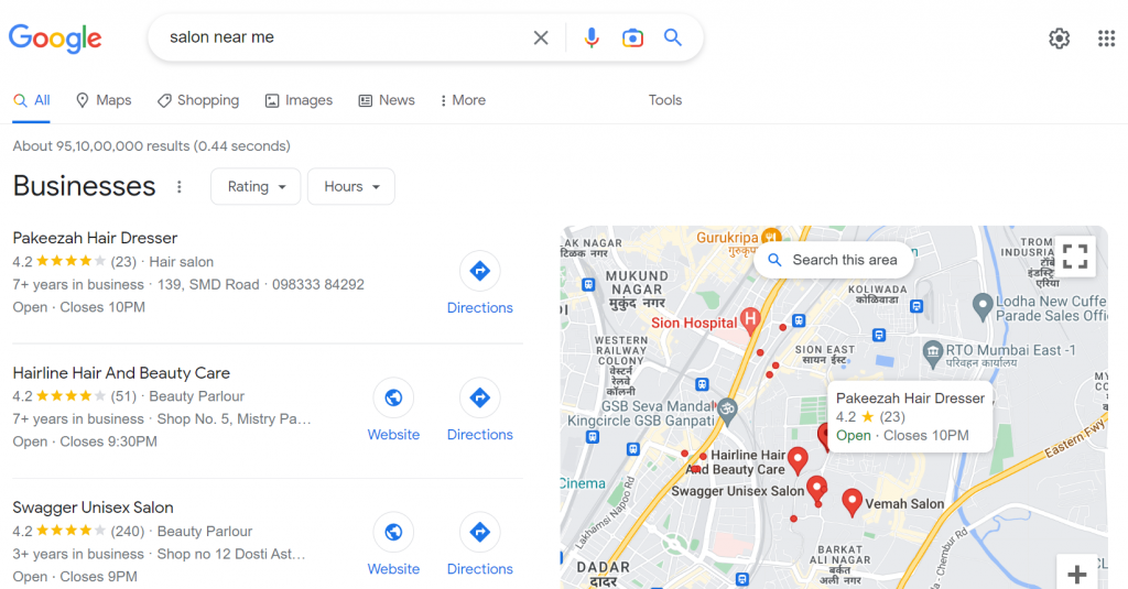 Screenshot showing search results in a Google Map pack